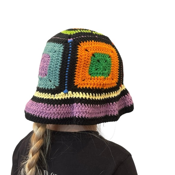 Vintage Granny Square Color Block Retro Hippie Hand Knit Bucket Beanie Hat - Picture 3 of 5